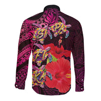 Pasifika Festival Long Sleeve Button Shirt Plumeria Turtles with Hibiscus - Polynesian Art Tattoo Pink Color LT03 - Polynesian Pride