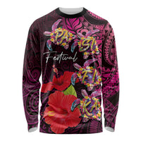 Pasifika Festival Long Sleeve Shirt Plumeria Turtles with Hibiscus - Polynesian Art Tattoo Pink Color LT03 Unisex Pink - Polynesian Pride