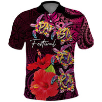 Pasifika Festival Polo Shirt Plumeria Turtles with Hibiscus - Polynesian Art Tattoo Pink Color
