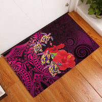 Pasifika Festival Rubber Doormat Plumeria Turtles with Hibiscus - Polynesian Art Tattoo Pink Color