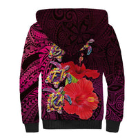 Pasifika Festival Sherpa Hoodie Plumeria Turtles with Hibiscus - Polynesian Art Tattoo Pink Color LT03 - Polynesian Pride