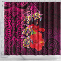 Pasifika Festival Shower Curtain Plumeria Turtles with Hibiscus - Polynesian Art Tattoo Pink Color LT03 - Polynesian Pride