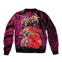 Pasifika Festival Sleeve Zip Bomber Jacket Plumeria Turtles with Hibiscus - Polynesian Art Tattoo Pink Color