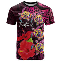 Pasifika Festival T Shirt Plumeria Turtles with Hibiscus - Polynesian Art Tattoo Pink Color