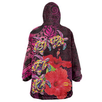 Pasifika Festival Wearable Blanket Hoodie Plumeria Turtles with Hibiscus - Polynesian Art Tattoo Pink Color LT03 - Polynesian Pride