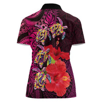 Pasifika Festival Women Polo Shirt Plumeria Turtles with Hibiscus - Polynesian Art Tattoo Pink Color LT03 - Polynesian Pride