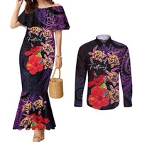 Pasifika Festival Couples Matching Mermaid Dress and Long Sleeve Button Shirt Plumeria Turtles with Hibiscus - Polynesian Art Tattoo Purple Color LT03 Purple - Polynesian Pride