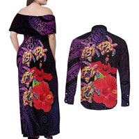 Pasifika Festival Couples Matching Off Shoulder Maxi Dress and Long Sleeve Button Shirt Plumeria Turtles with Hibiscus - Polynesian Art Tattoo Purple Color LT03 - Polynesian Pride