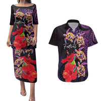 Pasifika Festival Couples Matching Puletasi and Hawaiian Shirt Plumeria Turtles with Hibiscus - Polynesian Art Tattoo Purple Color LT03 Purple - Polynesian Pride