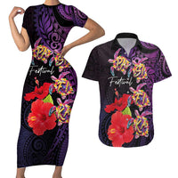 Pasifika Festival Couples Matching Short Sleeve Bodycon Dress and Hawaiian Shirt Plumeria Turtles with Hibiscus - Polynesian Art Tattoo Purple Color LT03 Purple - Polynesian Pride