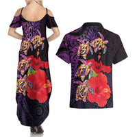 Pasifika Festival Couples Matching Summer Maxi Dress and Hawaiian Shirt Plumeria Turtles with Hibiscus - Polynesian Art Tattoo Purple Color LT03 - Polynesian Pride