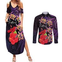 Pasifika Festival Couples Matching Summer Maxi Dress and Long Sleeve Button Shirt Plumeria Turtles with Hibiscus - Polynesian Art Tattoo Purple Color LT03 Purple - Polynesian Pride