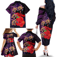 Pasifika Festival Family Matching Off The Shoulder Long Sleeve Dress and Hawaiian Shirt Plumeria Turtles with Hibiscus - Polynesian Art Tattoo Purple Color LT03 - Polynesian Pride