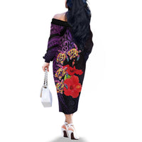 Pasifika Festival Family Matching Off The Shoulder Long Sleeve Dress and Hawaiian Shirt Plumeria Turtles with Hibiscus - Polynesian Art Tattoo Purple Color LT03 - Polynesian Pride