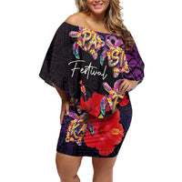 Pasifika Festival Family Matching Off Shoulder Short Dress and Hawaiian Shirt Plumeria Turtles with Hibiscus - Polynesian Art Tattoo Purple Color LT03 Mom's Dress Purple - Polynesian Pride