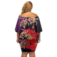 Pasifika Festival Family Matching Off Shoulder Short Dress and Hawaiian Shirt Plumeria Turtles with Hibiscus - Polynesian Art Tattoo Purple Color LT03 - Polynesian Pride