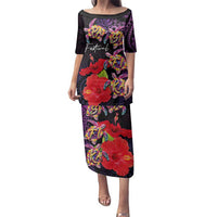 Pasifika Festival Family Matching Puletasi and Hawaiian Shirt Plumeria Turtles with Hibiscus - Polynesian Art Tattoo Purple Color LT03 Mom's Dress Purple - Polynesian Pride