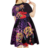 Pasifika Festival Kid Short Sleeve Dress Plumeria Turtles with Hibiscus - Polynesian Art Tattoo Purple Color LT03 - Polynesian Pride
