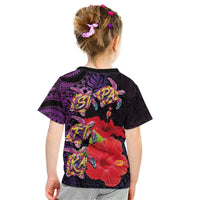 Pasifika Festival Kid T Shirt Plumeria Turtles with Hibiscus - Polynesian Art Tattoo Purple Color