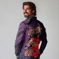 Pasifika Festival Long Sleeve Polo Shirt Plumeria Turtles with Hibiscus - Polynesian Art Tattoo Purple Color