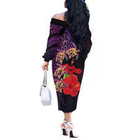 Pasifika Festival Off The Shoulder Long Sleeve Dress Plumeria Turtles with Hibiscus - Polynesian Art Tattoo Purple Color LT03 - Polynesian Pride