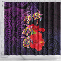 Pasifika Festival Shower Curtain Plumeria Turtles with Hibiscus - Polynesian Art Tattoo Purple Color LT03 - Polynesian Pride