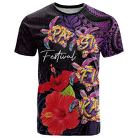 Pasifika Festival T Shirt Plumeria Turtles with Hibiscus - Polynesian Art Tattoo Purple Color