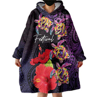 Pasifika Festival Wearable Blanket Hoodie Plumeria Turtles with Hibiscus - Polynesian Art Tattoo Purple Color LT03 - Polynesian Pride