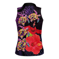 Pasifika Festival Women Sleeveless Polo Shirt Plumeria Turtles with Hibiscus - Polynesian Art Tattoo Purple Color