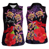 Pasifika Festival Women Sleeveless Polo Shirt Plumeria Turtles with Hibiscus - Polynesian Art Tattoo Purple Color