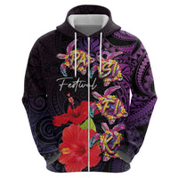 Pasifika Festival Zip Hoodie Plumeria Turtles with Hibiscus - Polynesian Art Tattoo Purple Color LT03 - Polynesian Pride