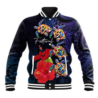 Pasifika Festival Baseball Jacket Plumeria Turtles with Hibiscus - Polynesian Art Tattoo Dark Navy Color