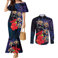 Pasifika Festival Couples Matching Mermaid Dress and Long Sleeve Button Shirt Plumeria Turtles with Hibiscus - Polynesian Art Tattoo Dark Navy Color LT03 Dark Navy - Polynesian Pride