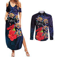Pasifika Festival Couples Matching Summer Maxi Dress and Long Sleeve Button Shirt Plumeria Turtles with Hibiscus - Polynesian Art Tattoo Dark Navy Color LT03 Dark Navy - Polynesian Pride