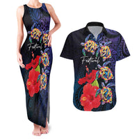 Pasifika Festival Couples Matching Tank Maxi Dress and Hawaiian Shirt Plumeria Turtles with Hibiscus - Polynesian Art Tattoo Dark Navy Color LT03 Dark Navy - Polynesian Pride