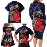 Pasifika Festival Family Matching Long Sleeve Bodycon Dress and Hawaiian Shirt Plumeria Turtles with Hibiscus - Polynesian Art Tattoo Dark Navy Color LT03 - Polynesian Pride