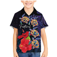 Pasifika Festival Family Matching Mermaid Dress and Hawaiian Shirt Plumeria Turtles with Hibiscus - Polynesian Art Tattoo Dark Navy Color LT03 Son's Shirt Dark Navy - Polynesian Pride