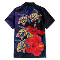 Pasifika Festival Family Matching Off Shoulder Short Dress and Hawaiian Shirt Plumeria Turtles with Hibiscus - Polynesian Art Tattoo Dark Navy Color LT03 - Polynesian Pride