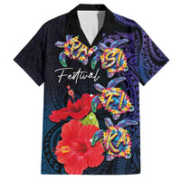 Pasifika Festival Family Matching Short Sleeve Bodycon Dress and Hawaiian Shirt Plumeria Turtles with Hibiscus - Polynesian Art Tattoo Dark Navy Color