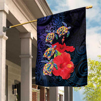 Pasifika Festival Garden Flag Plumeria Turtles with Hibiscus - Polynesian Art Tattoo Dark Navy Color LT03 House Flag Dark Navy - Polynesian Pride