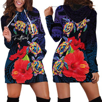 Pasifika Festival Hoodie Dress Plumeria Turtles with Hibiscus - Polynesian Art Tattoo Dark Navy Color LT03 - Polynesian Pride