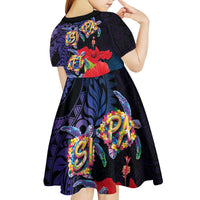 Pasifika Festival Kid Short Sleeve Dress Plumeria Turtles with Hibiscus - Polynesian Art Tattoo Dark Navy Color LT03 - Polynesian Pride