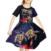 Pasifika Festival Kid Short Sleeve Dress Plumeria Turtles with Hibiscus - Polynesian Art Tattoo Dark Navy Color LT03 - Polynesian Pride