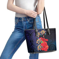 Pasifika Festival Leather Tote Bag Plumeria Turtles with Hibiscus - Polynesian Art Tattoo Dark Navy Color