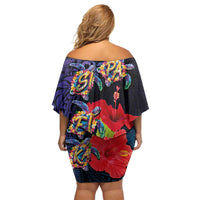 Pasifika Festival Off Shoulder Short Dress Plumeria Turtles with Hibiscus - Polynesian Art Tattoo Dark Navy Color LT03 - Polynesian Pride