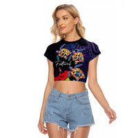 Pasifika Festival Raglan Cropped T Shirt Plumeria Turtles with Hibiscus - Polynesian Art Tattoo Dark Navy Color