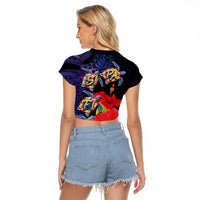 Pasifika Festival Raglan Cropped T Shirt Plumeria Turtles with Hibiscus - Polynesian Art Tattoo Dark Navy Color