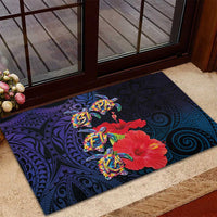Pasifika Festival Rubber Doormat Plumeria Turtles with Hibiscus - Polynesian Art Tattoo Dark Navy Color