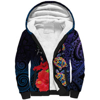 Pasifika Festival Sherpa Hoodie Plumeria Turtles with Hibiscus - Polynesian Art Tattoo Dark Navy Color LT03 Unisex Dark Navy - Polynesian Pride