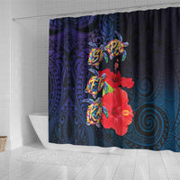 Pasifika Festival Shower Curtain Plumeria Turtles with Hibiscus - Polynesian Art Tattoo Dark Navy Color LT03 - Polynesian Pride